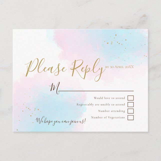 Carte Postale Aquarelles rose et bleu Mariage RSVP (Devant)