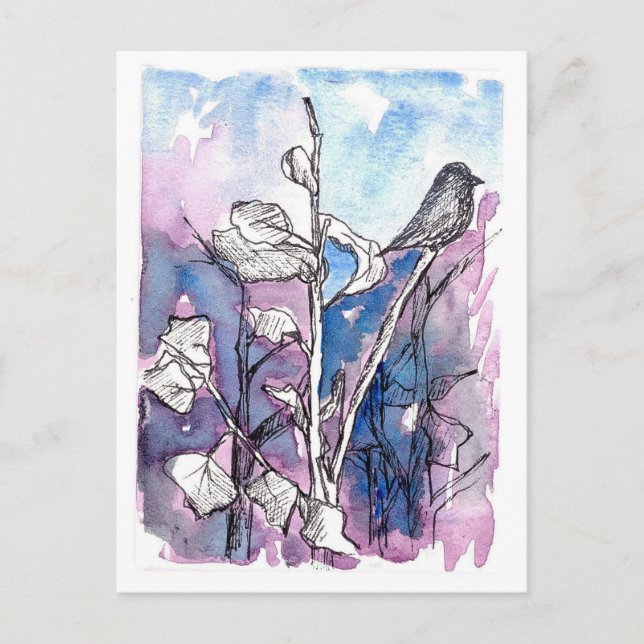 Carte Postale Arbre à oiseaux noirs Feuilles Dessin d'hiver Aqua (Devant)