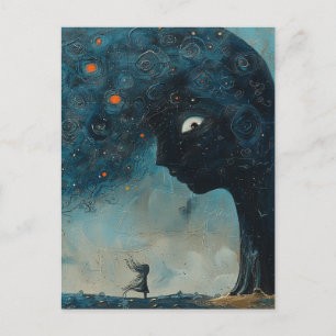 Carte Postale Arbre bleu surréaliste et une fille étonnée