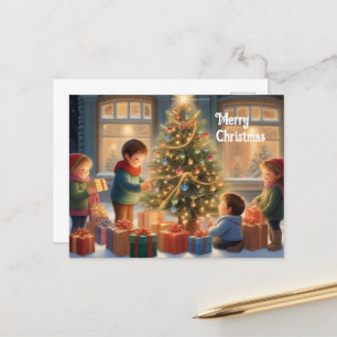Carte Postale Arbre de Noël avec cadeaux et joie des enfants