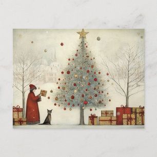 Carte Postale Arbre de Noël du village et un chat