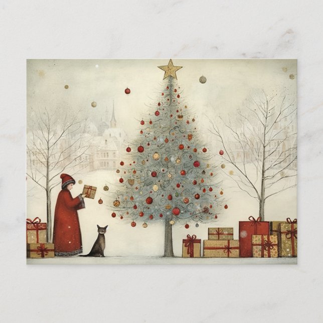 Carte Postale Arbre de Noël du village et un chat (Devant)