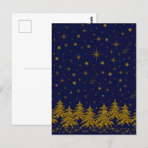Carte Postale Arbre de Noël en or brillant, étoiles, neige sur b