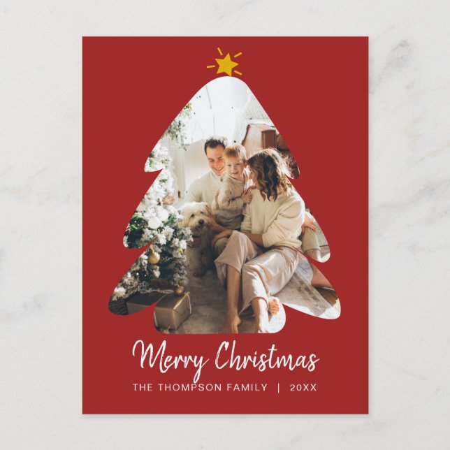 Carte Postale Arbre de Noël en rouge Joyeux Noël Script (Devant)