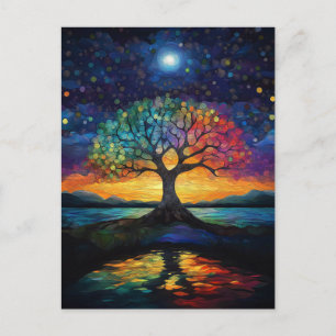 Carte Postale Arbre de Vie Abstrait Bleu Arc-en-Ciel Fantaisiste
