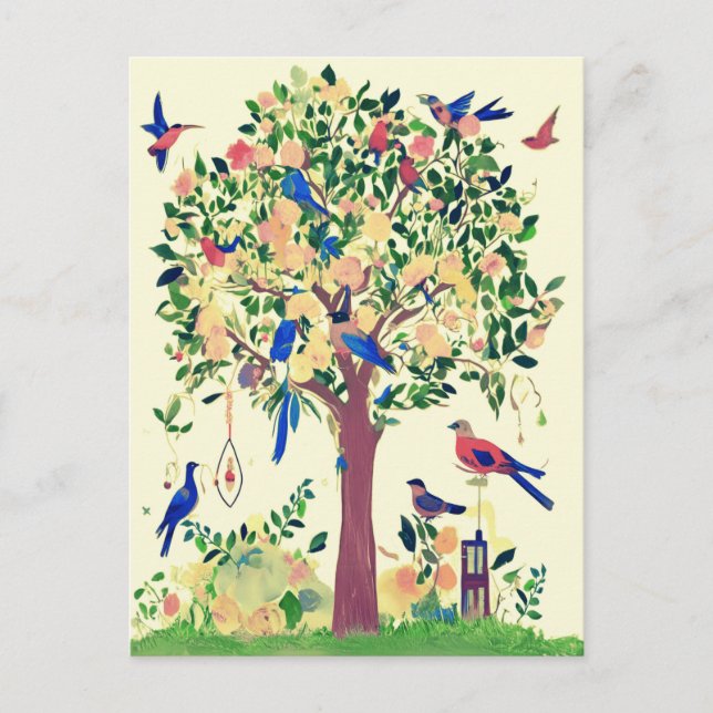 Carte Postale Arbre de vie avec oiseaux et fleurs (Devant)