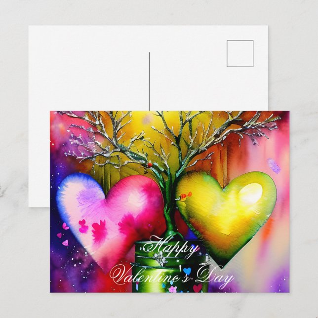 Carte Postale Arbre en pot et valentin coeurs (Devant / Derrière)