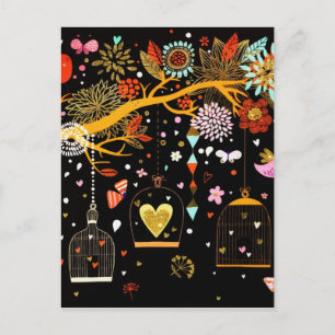 Carte Postale Arbre fleuri de printemps Oiseau doré en amour