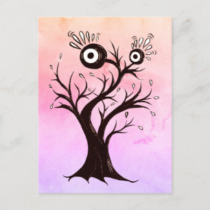 Carte Postale Arbre fou Créature Encre Art Imaginaire rose