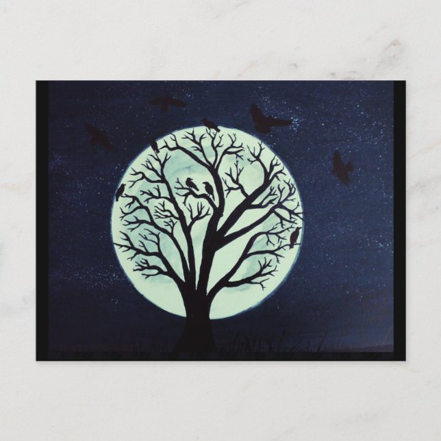 Carte Postale Arbre Lune brillant avec des corbeaux (Devant)