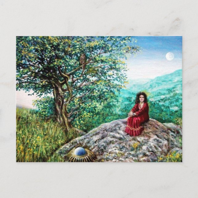 Carte Postale ARBRE MAGIQUE / Aube en bois vert et dame en rouge (Devant)