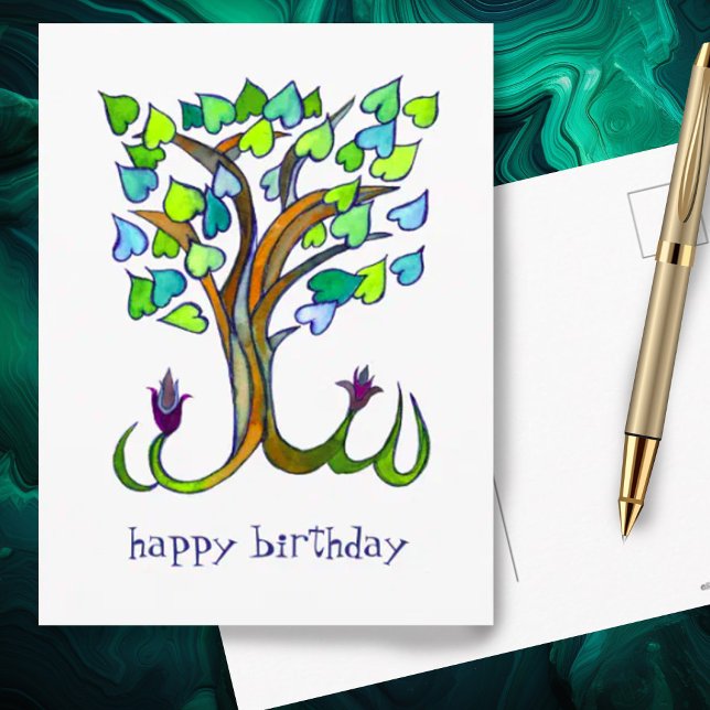 Carte Postale Arbre Sweet Heart Joyeux Anniversaire PERSONNALISÉ (Pretty heart shaped leaves on this watercolor tree makes a cute custom birthday postcard)