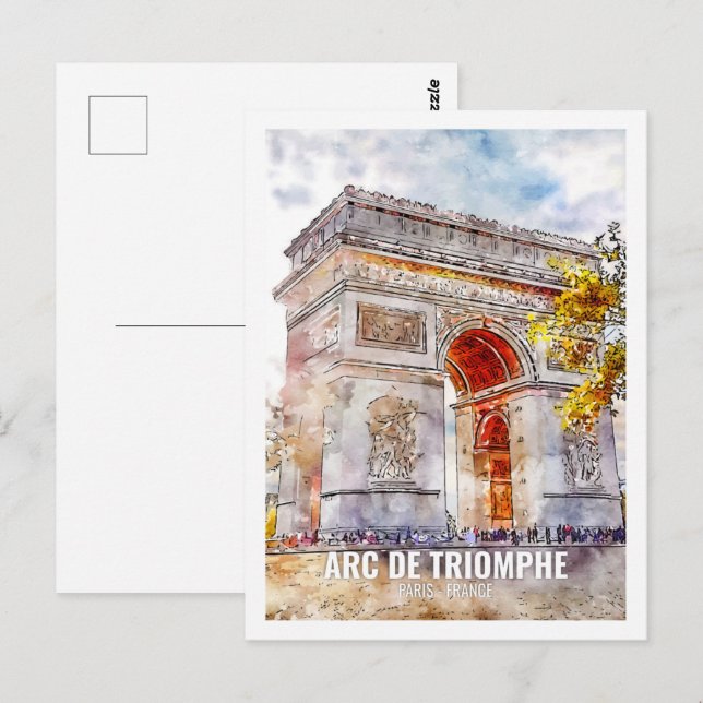 Carte Postale Arc de Triomphe Paris Travel Place Aquarelle (Devant / Derrière)