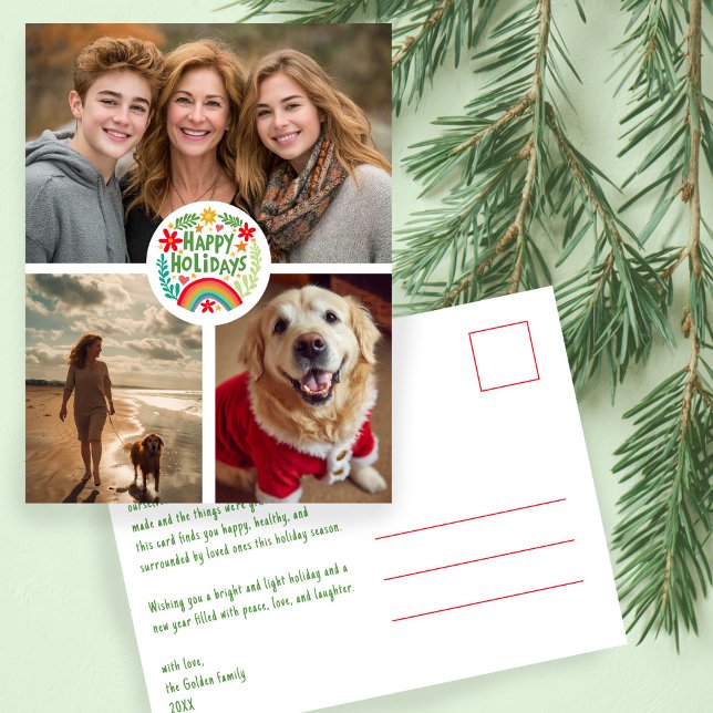 Carte Postale Arc-en-ciel Glissé à la main jolie vacances CUSTOM (Rainbow Hand-Drawn Cute Holiday CUSTOM 3 PHOTO Christmas Postcard
)