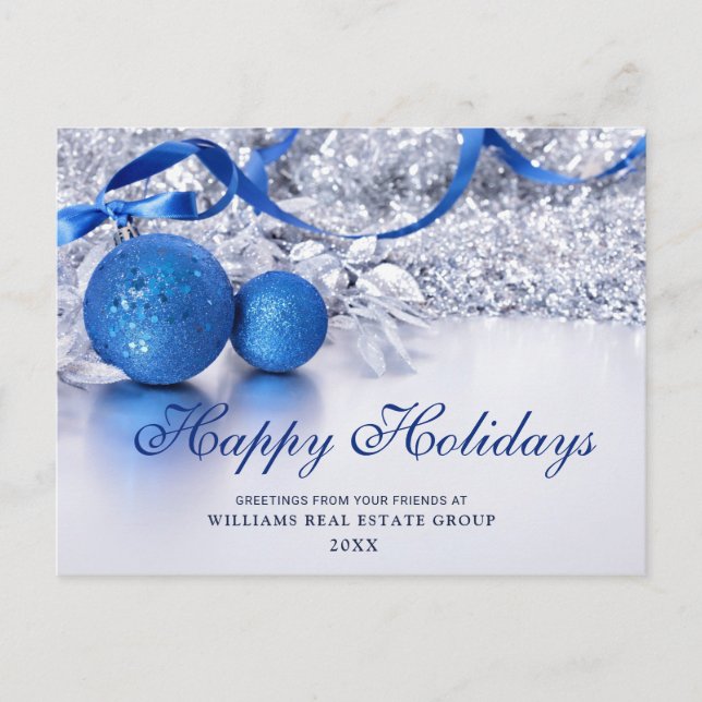 Carte Postale Argent Bleu ornement de Noël Accueil d'entreprise (Devant)