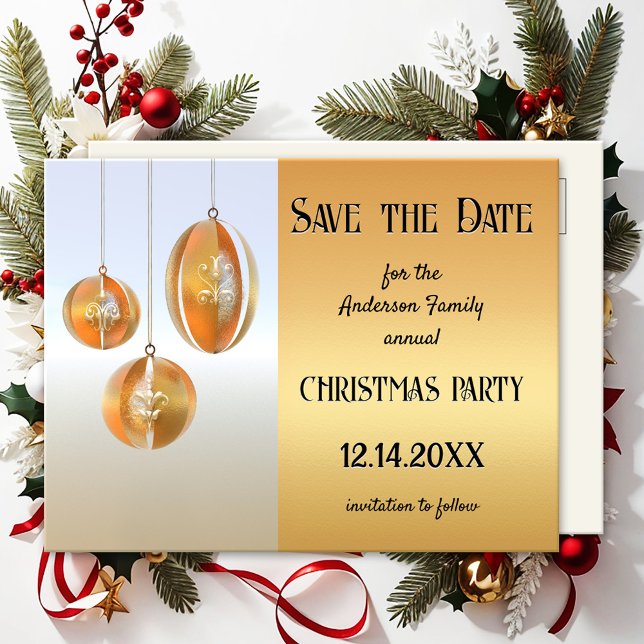 Carte Postale Argent Gold Noël artistique Enregistrer la date (Unique Christmas Save the Date invitation featuring artistic modern gold and silver design baubles)