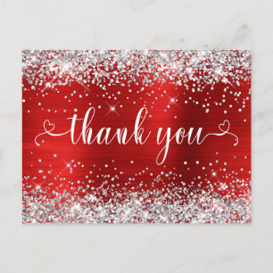 Carte Postale Argent Pailleté Rouge Douze ans Cœurs Merci