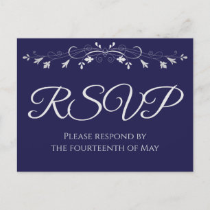 Carte Postale Argent sur bleu marine Mariage élégant RSVP