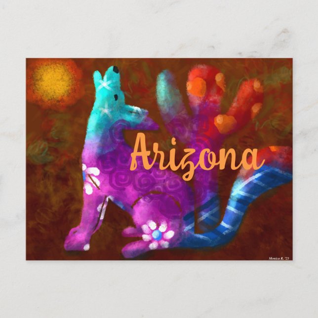 Carte Postale Arizona Coyote Art Abstrait Saguaro Cactus Désert (Devant)