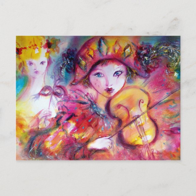Carte Postale Arlecchino Jouer violon et Colombina (Devant)