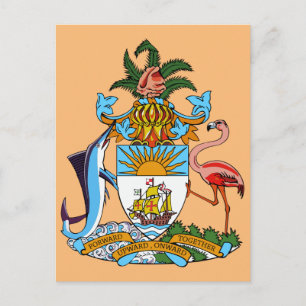 Carte Postale Armoiries des Bahamas - Marlin, Flamant rose, Conq
