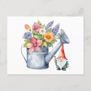 Carte Postale Arrosage avec Fleurs et Gnome Jardin