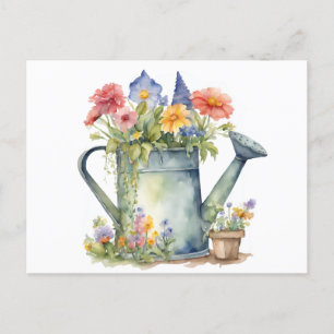 Carte Postale Arrosage Pastel avec Fleurs de Jardin Aquarelle