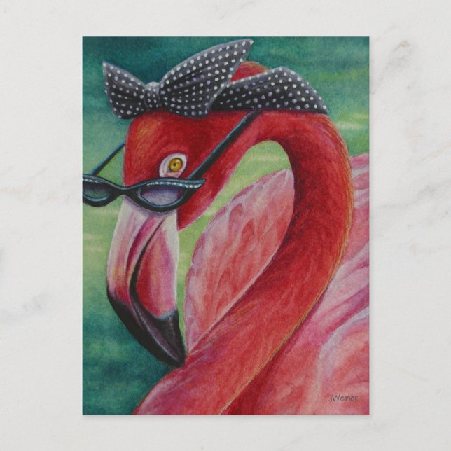 Carte Postale Art à l'aquarelle de flamant rose rétro glamour (Devant)