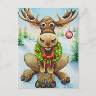 Carte Postale Art à l'aquarelle de l'élan de Noël de l'hiver fan