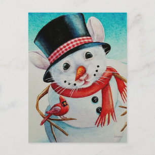 Carte Postale Art à l'aquarelle de souris bonhomme de neige au p