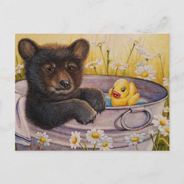 Carte Postale Art à l'aquarelle représentant un bain de ourson n (Devant)