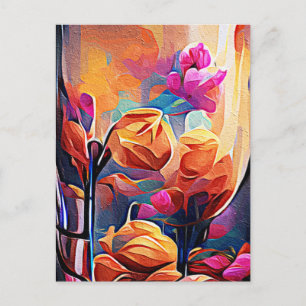 Carte Postale Art abstrait floral orange rouge fleurs bleues