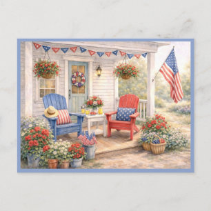 Carte Postale Art aquarelle d'été du quatre juillet pour le porc