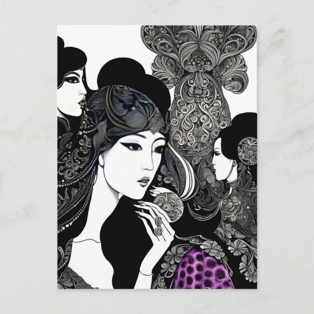Carte Postale Art asiatique femme encre, Post-croisement (Devant)