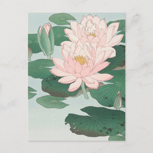 Carte Postale Art Bois Japonais Imprimer Lys D'Eau Rose (Devant)