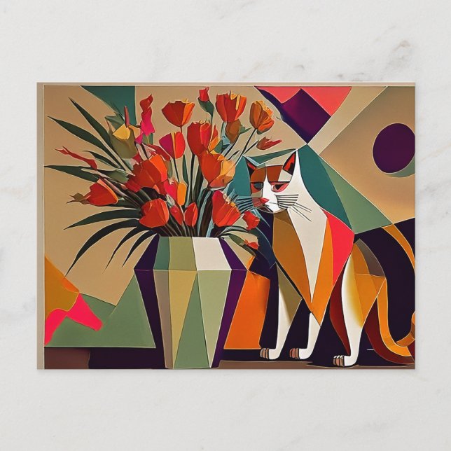 Carte Postale Art cat avec fleurs (Devant)
