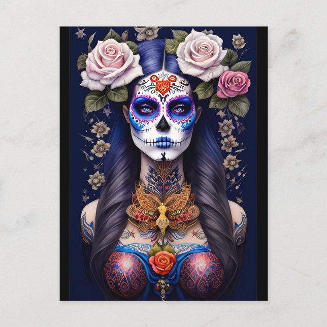 Carte Postale Art crâne sucre - Femme dans le maquillage crâne s (Devant)