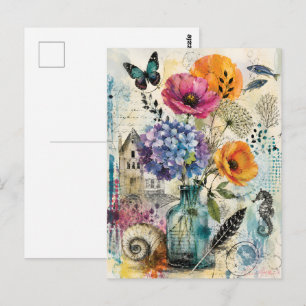 Carte Postale Art de collage mixte botanique vibrant