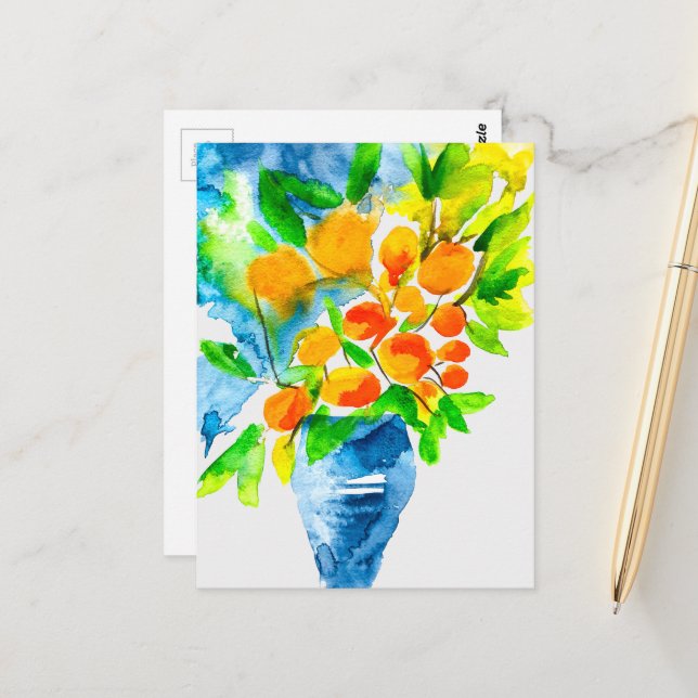 Carte Postale Art de fruit kumquat orange aquarelle (Devant/Arrière en situation)