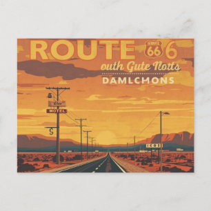 Carte Postale Art de la route vintage 66 au coucher du soleil