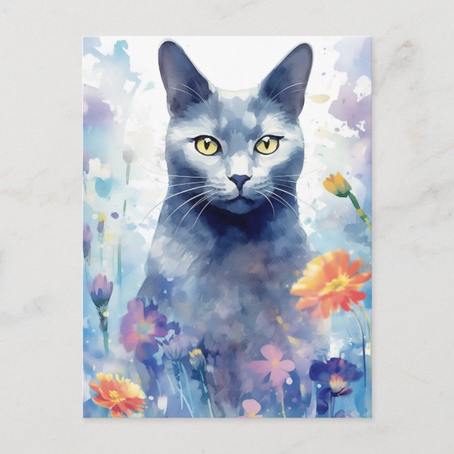 Carte Postale Art de l'aquarelle de chat bleu russe (Devant)
