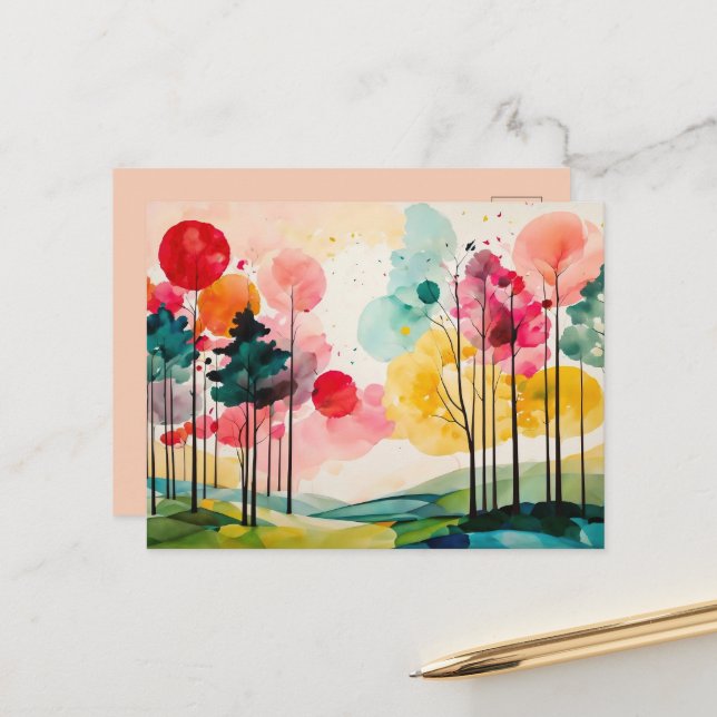 Carte Postale Art de l'aquarelle de printemps Whimsical (Devant/Arrière en situation)