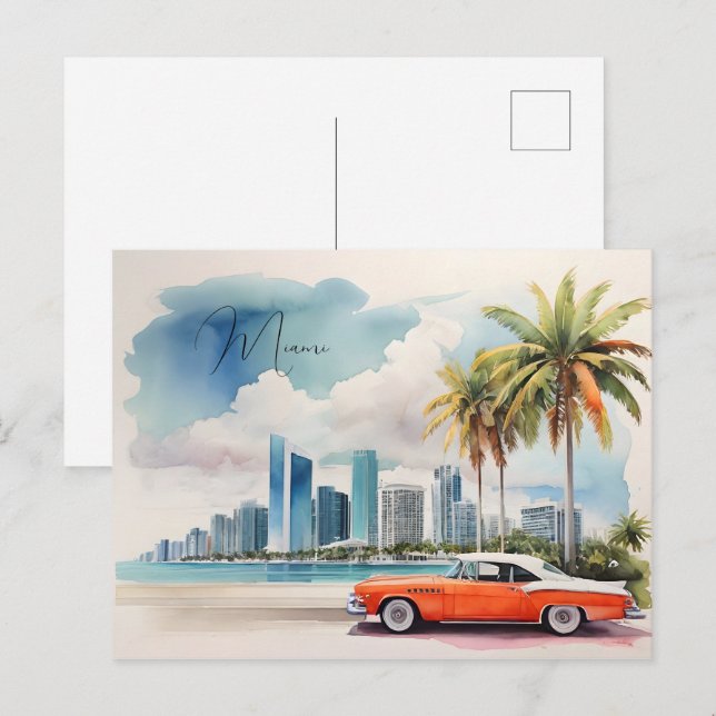 Carte Postale Art de Miami aquarelle (Devant / Derrière)