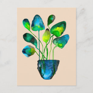 Carte Postale Art de plantes à l'aquarelle vert et bleu abstrait