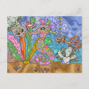 Carte Postale Art de Tortue de Mer Cheval Marin Psychédélique