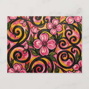 Carte Postale Art de tourbillon floral rose vibrant