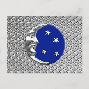 Carte Postale Art Déco Lune et étoiles - Cobalt Bleu et Argent