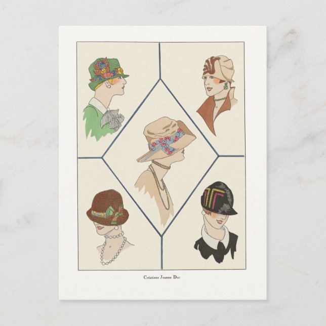 Carte Postale Art Déco Mode Design Femmes en Casquette, années 1 (Devant)