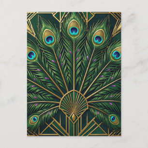 Carte Postale Art Déco plumes de paon or vert émeraude