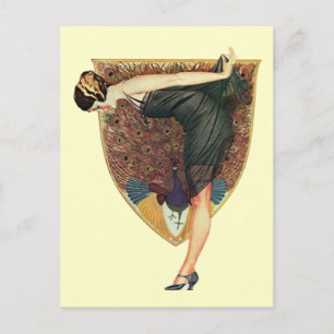Carte Postale Art Déco vintage Flapper au paon